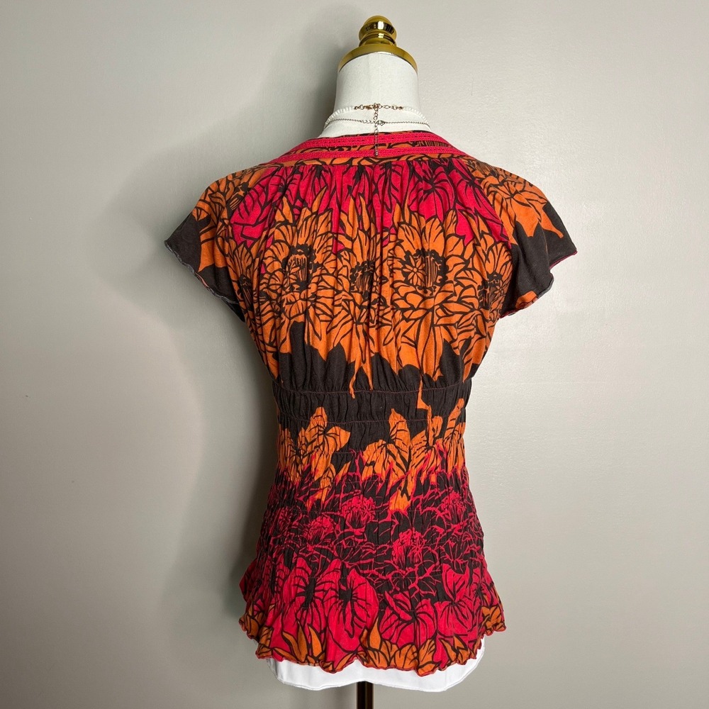 DKNY Jeans Womens Floral Smocked Babydoll Top Orange Pink V-Neck Blouse Size M - Picture 2 of 7